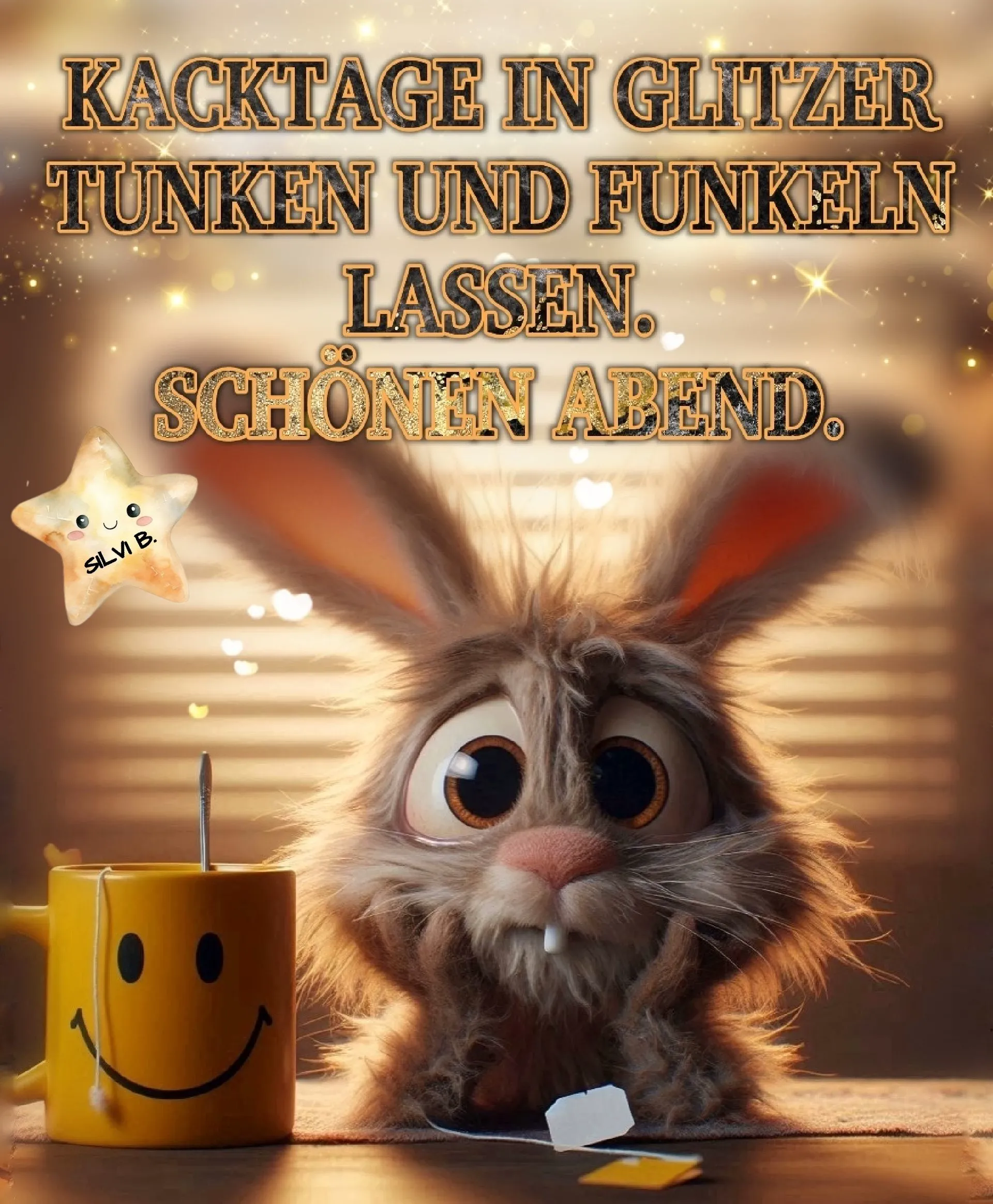 Ein Cartoon-Hase mit großen Augen sitzt neben einer gelben Tasse mit einem Lächeln, umgeben von Glitzer und einem Stern.